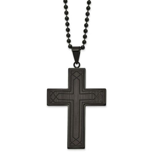 Chisel Stainless Steel Polished Black IP w/Black Carbon Fiber Cross 24in Necklace ユニセックス