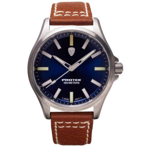 Protek Unisex Watch Field Series Japanese Quartz Blue Dial Leather Strap 3003