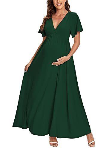 Ecavus Maternity Maxi Dress V Neck Bell Sleeve Casual Comfy Baby Shower レディース