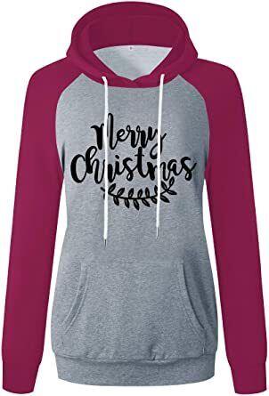 ANTSZONE Womens Christmas Raglan Hooded Sweatshirt with Pocket (Mauve/Grey M) レディース