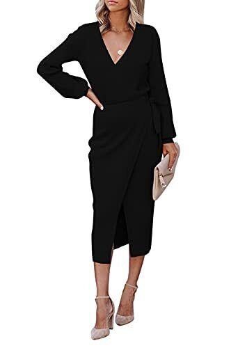 Meenew Womens Long Sweater Dress Wrap Front Slit Midi Party Dress with Belt S ǥ