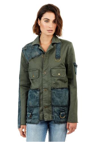 True Religion Women's Mixed Military Distressed Jacket in Militant Green/Indigo レディース