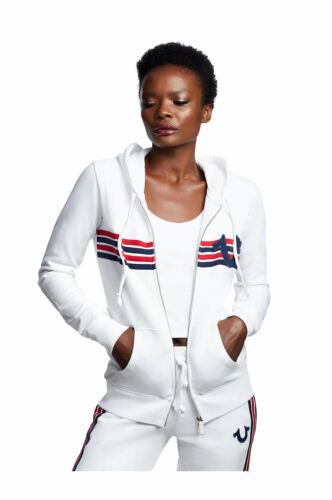 True Religion Women's Rainbow Multi Stripe Zip Up Hoodie Sweatshirt in White レディース