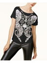 ジャストカヴァリ JUST CAVALLI Womens Black Printed Short Sleeve Scoop Neck Top Size: XS レディース