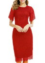 MSLG Red Lace Sheath Dresses for Women Evening Elegant Round Neck Short Sleeves レディース