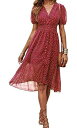 PRETTYGARDEN Womens Red Dresses for Women Casual Vintage V-Neck Floral Midi レディース