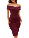 JASAMBAC Womens Off Shoulder V Neck Ruched Bodycon Midi Elegant Cocktail Party fB[X