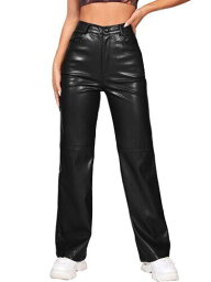 MakeMeChic Womens Faux Leather Pants Straight Wide Leg Leather Pants Black レディース