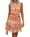 BTFBM Women Sleeveless Casual Floral Polka Dot Print Short Sundress(Orange L) レディース