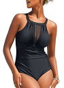 I2CRAZY Plus Size Swimwear High Neck V-Neckline Mesh Ruched Monokini Swimwear - fB[X