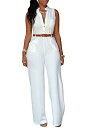 Pink Queen Womens Jumpsuits White Sleeveless Loose Belted Jumpsuits Rompers XXL レディース