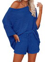 Ermonn Womens 2 Piece Outfits Sweater Sets Off Shoulder Knit Tops Waist Short fB[X