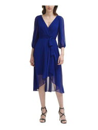 ディーケーエヌワイ DKNY Womens Blue Belted Lined Balloon Sleeve Midi Wear To Work Faux Wrap Dress 2 レディース