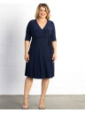 キヨンナ KIYONNA Womens Navy Elbow Sleeve Knee Length Wear To Work Wrap Dress Plus 1X レディース