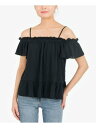 HIPPIE ROSE Womens Black Flutter Sleeve Square Neck Peplum Top Juniors XS レディース