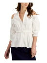 ダナ キャラン DONNA KARAN Womens White Sheer Unlined Pullover 3/4 Sleeve V Neck Peplum Top M レディース