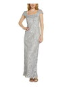 ADRIANNA PAPELL Womens Silver Gown Cap Sleeve Maxi Formal Mermaid Dress 16 レディース