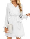 BBX Lephsnt Women's Long Puff Sleeve Pleated Ruffle Flowy Belted Dress White - L レディース