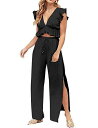 FANCYINN 2 Pieces Black Beach Jumpsuits Outfits for Women Deep V Neck Crop Top レディース