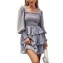 Byinns Womens Square Neck Ruffle Dress Long Sleeve Floral Print Tiered Tie Back fB[X