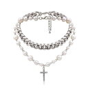 Inactwin Pearl Cross Necklace for Women Silver Layered Crystal Cross Pendant レディース