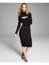 AND NOW THIS Womens Black On Front Long Sleeve Midi Cocktail Sheath Dress S fB[X