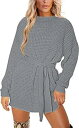 YUOIOYU Womens Long Sleeve Waffle Knit Sweater Dress Tie Wasit Pullover Tunic レディース