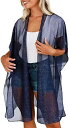 ChainJoy Shiny Kimono Short Sheer Cardigan Beach Swimsuit Cover Up Blue Small レディース