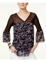 INC Womens Purple Floral Bell Sleeve V Neck Top Size: S レディース