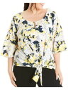 ESTELLE Womens Yellow Floral Elbow Sleeve Keyhole Blouse Plus 2X レディース