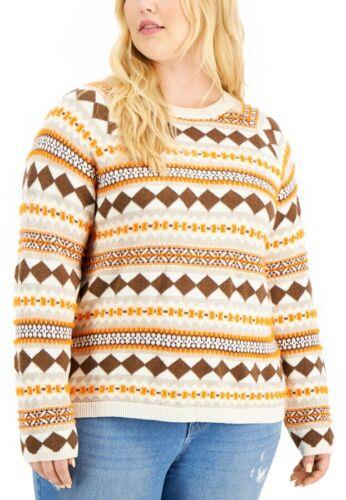 STYLE & COMPANY Womens Brown Ribbed Argyle Long Sleeve Crew Neck Sweater Plus 2X レディース