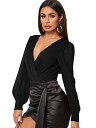 WDIRARA Womens Deep V Neck Long Sleeve Solid Wrap Surplice Bodysuit Black-10 L レディース