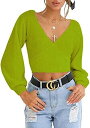 LOMON Womens Knitted Crop Deep V-Neck Long Sleeve Pullover Cross Wrap Front レディース