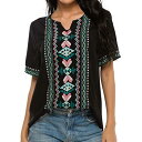 AK Womens Summer Boho Shirt Embroidery Mexican Bohemian Blouse Short Sleeve レディース