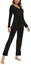 TIKTIK Womens Pajama Set Long Sleeve Sleepwear Scoop Neck Pjs Sets S-4XL D-black レディース