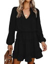 BTFBM Women Tie V Neck Long Sleeve A Line Mini Dress (Black Medium) ǥ