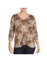 ステイタス STATUS BY CHENAULT Womens Beige Animal Print 3/4 Sleeve V Neck Top 1X レディース