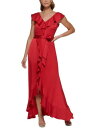 ディーケーエヌワイ DKNY Womens Red Tie Belt Cutaway Hem Flutter Sleeve Formal Fit Flare Dress 8 レディース