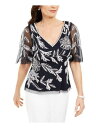 ADRIANNA PAPELL Womens Embellished Mesh Flutter V Neck Blouse レディース