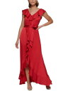 ディーケーエヌワイ DKNY Womens Red Tie Belt Cutaway Hem Flutter Sleeve Formal Fit Flare Dress 10 レディース