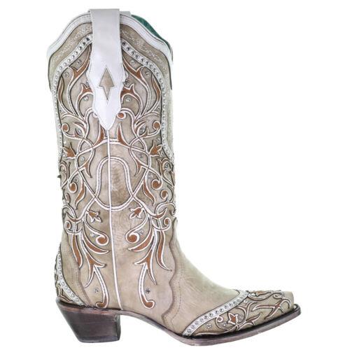 楽天サンガCorral Boots Studded TooledInlay Snip Toe Cowboy Womens Off White Dress Boots A レディース