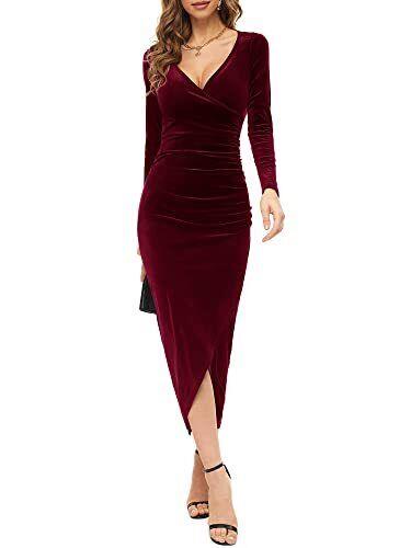 Flybony Long Sleeve Velvet Wrap Burgundy/Red Cocktail Party Dress for Women Long レディース