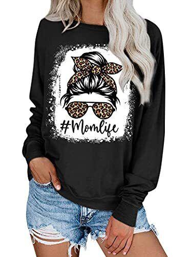 StarVnc Women Cute Mom Life Sweatshirt Skull Graphic Tees Leopard Print Shirt レディース