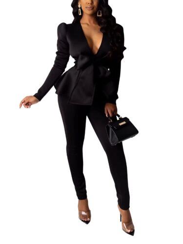 Remelon 2 Piece Outfits for Women Blazer with Pants Deep V Neck Long Sleeve Slim fB[X