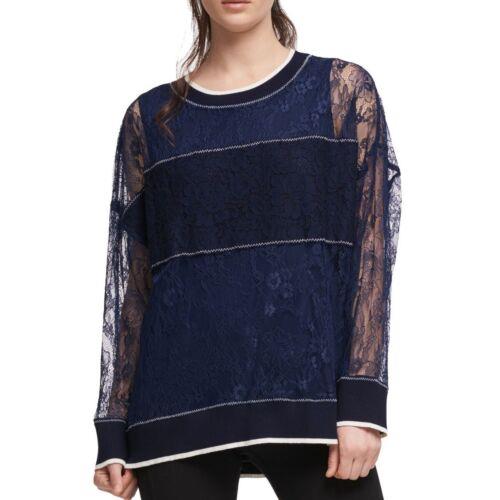 fB[P[GkC DKNY NEW Women's Navy Lace Sheer Sweatshirt Top TEDO fB[X