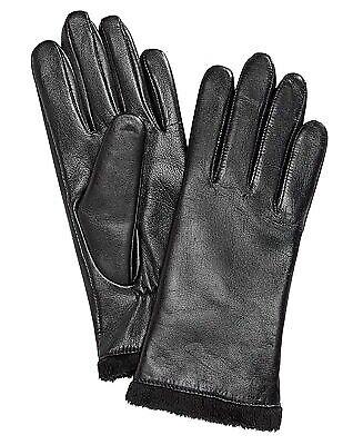 New Charter Club Black Gloves Genuine Leather Faux Fur Lining Black Size L Y