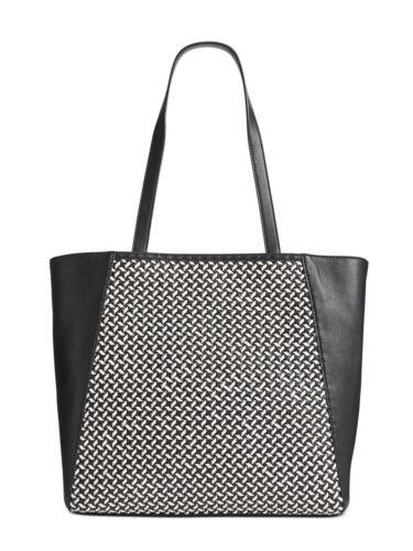 INC Women's Black Leather Woven Double Flat Strap Tote Handbag Purse fB[X