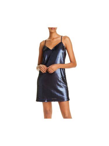 AQUA Womens Navy Sequined Spaghetti Strap V Neck Short Party Shift Dress S レディース