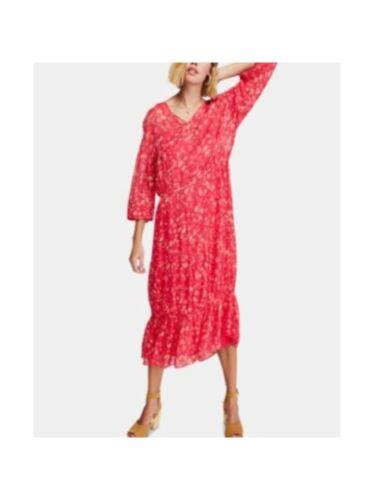 フリーピーポー FREE PEOPLE Womens Red Floral 3/4 Sleeve V Neck Tea-Length Drop Waist Dress M レディース