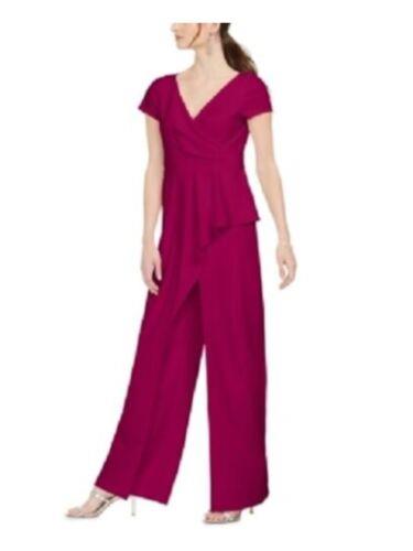 ADRIANNA PAPELL Womens Zippered Ruffled Cap Sleeve V Neck Wide Leg Jumpsuit レディース